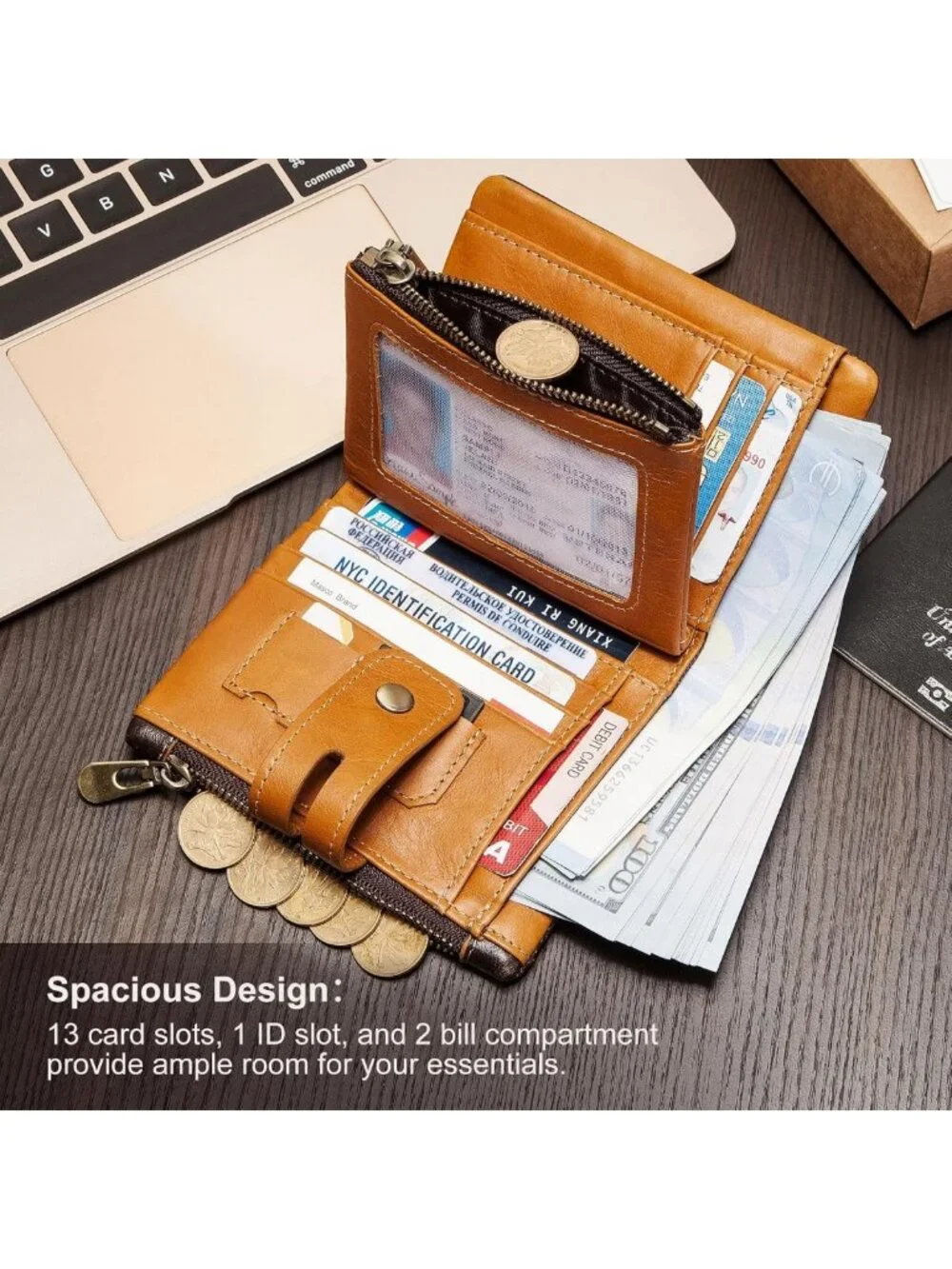 Genuine Leather Biker Wallet with Chain, RFID Blocking Anti-Theft Bifold Design